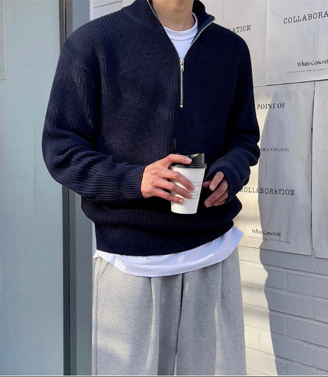 Men's Half-Zip Stand Collar Ribbed Knit Sweater with Long Sleeves