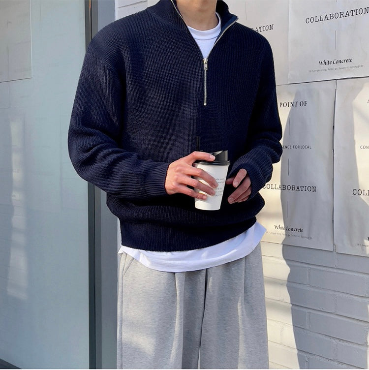 Men's Half-Zip Stand Collar Ribbed Knit Sweater with Long Sleeves