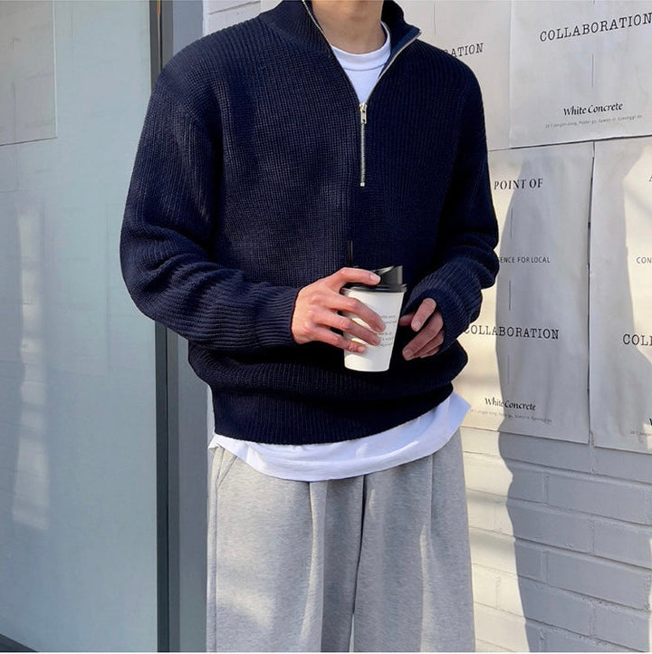 Men's Half-Zip Stand Collar Ribbed Knit Sweater with Long Sleeves