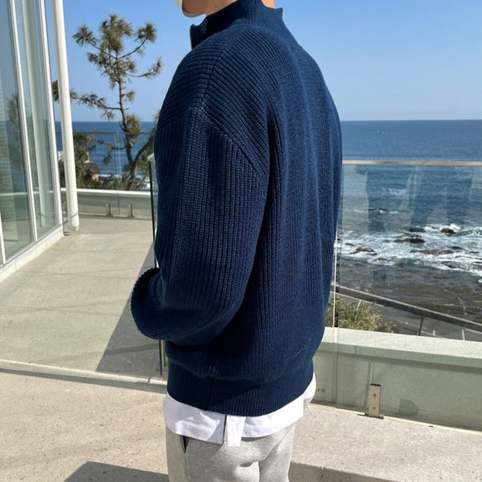 Men's Half-Zip Stand Collar Ribbed Knit Sweater with Long Sleeves