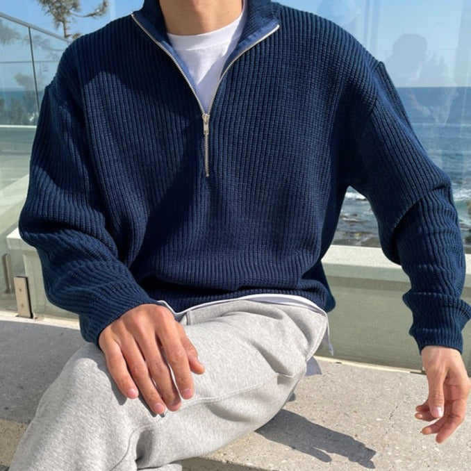 Men's Half-Zip Stand Collar Ribbed Knit Sweater with Long Sleeves