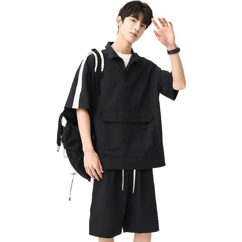 Men's Half-Zip Summer Short Set with Contrast Panels and Front Pocket