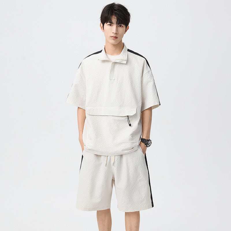 Men's Half-Zip Summer Short Set with Contrast Panels and Front Pocket