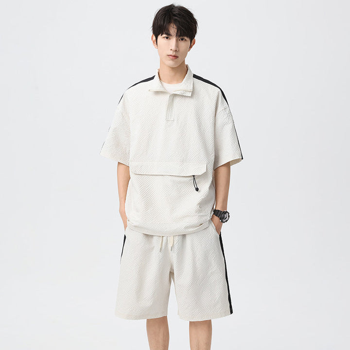 Men's Half-Zip Summer Short Set with Contrast Panels and Front Pocket