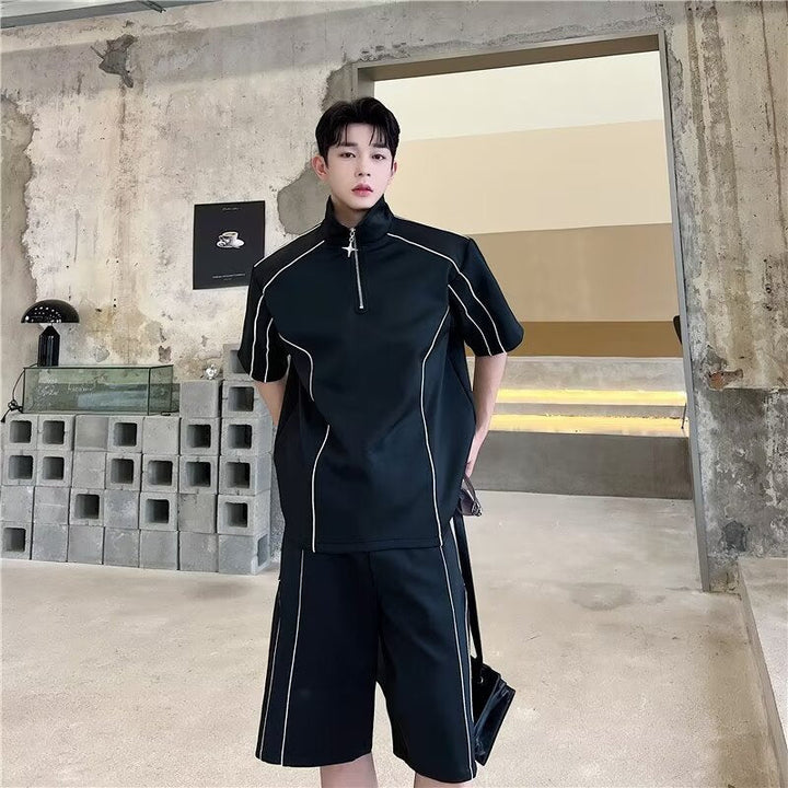 Men's Half-Zip Summer Short Set with Stand Collar and Contrast Piping