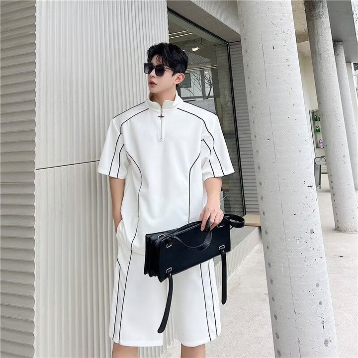 Men's Half-Zip Summer Short Set with Stand Collar and Contrast Piping