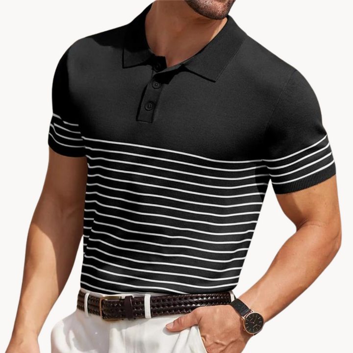 Men's Horizontal Stripe Short Sleeve Polo Shirt with Polo Collar and Ribbed Hem