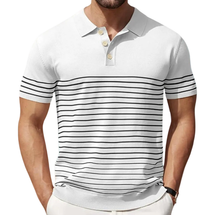 Men's Horizontal Stripe Short Sleeve Polo Shirt with Polo Collar and Ribbed Hem