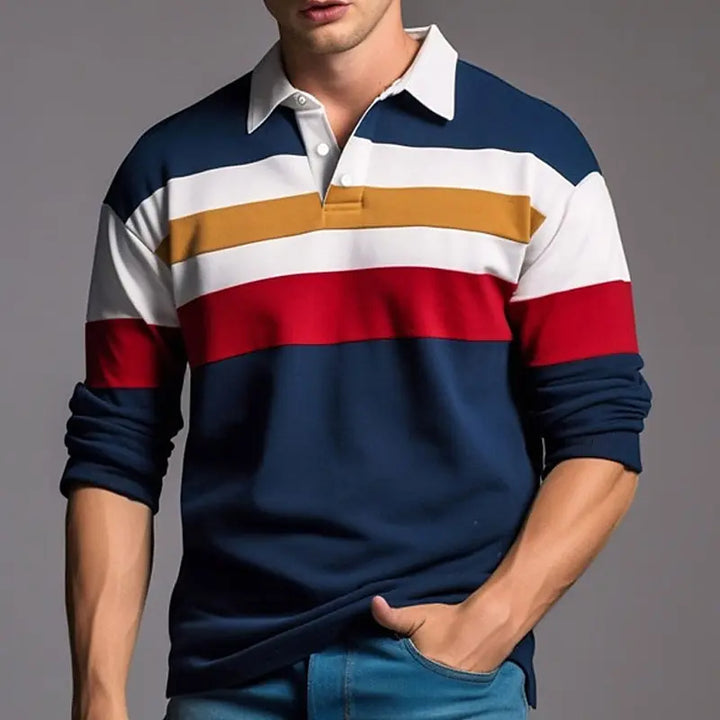 Men's Horizontal Stripe Spread Collar Button Placket Long-Sleeve Polo Shirt