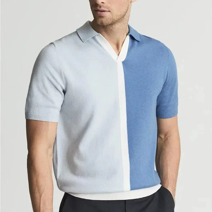 Men's Knit Colour Block Short Sleeve V-Neck Shirt with Spread Collar and Contrast Placket