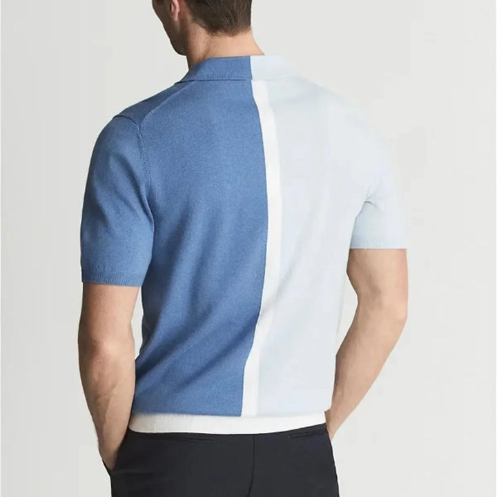 Men's Knit Colour Block Short Sleeve V-Neck Shirt with Spread Collar and Contrast Placket