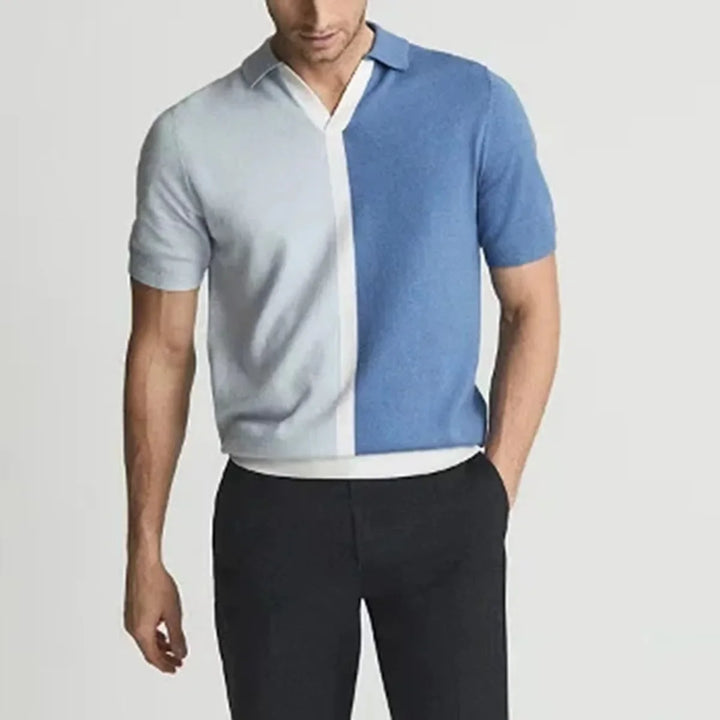 Men's Knit Colour Block Short Sleeve V-Neck Shirt with Spread Collar and Contrast Placket