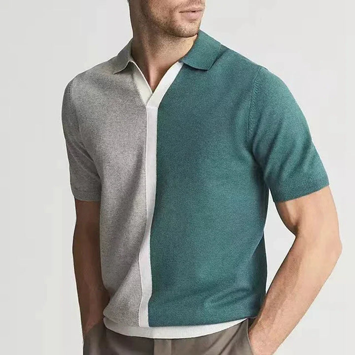 Men's Knit Colour Block Short Sleeve V-Neck Shirt with Spread Collar and Contrast Placket