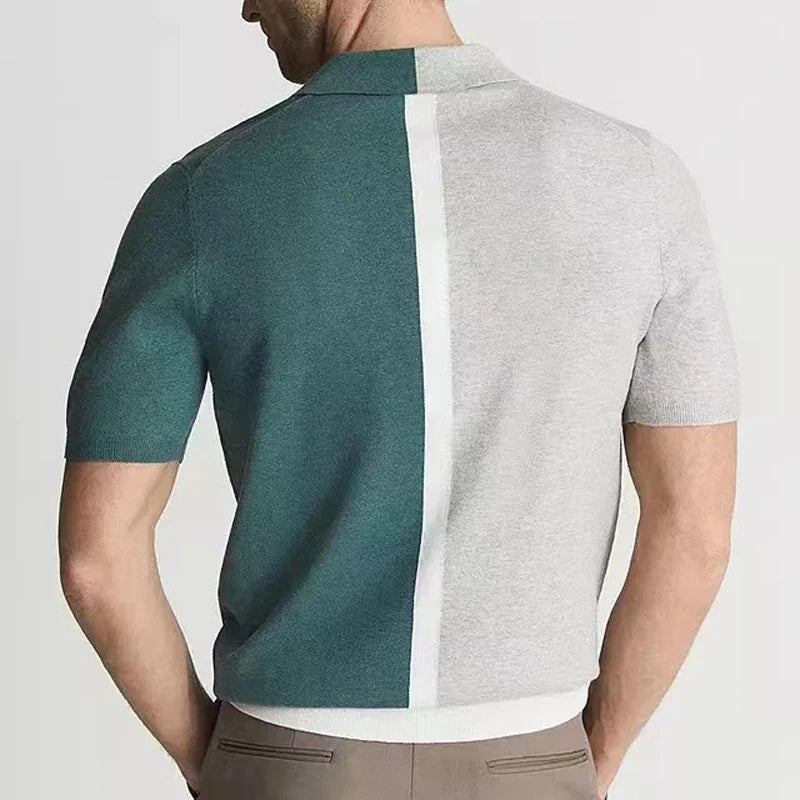 Men's Knit Colour Block Short Sleeve V-Neck Shirt with Spread Collar and Contrast Placket