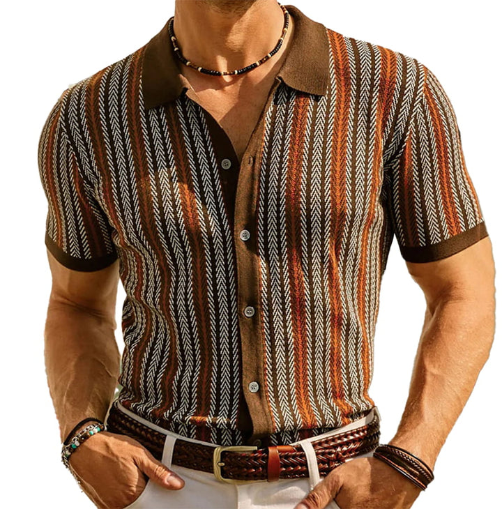 Men's Knit Herringbone Stripe Short Sleeve Shirt with Button-Front Closure and Spread Collar
