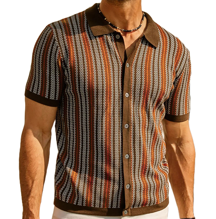 Men's Knit Herringbone Stripe Short Sleeve Shirt with Button-Front Closure and Spread Collar