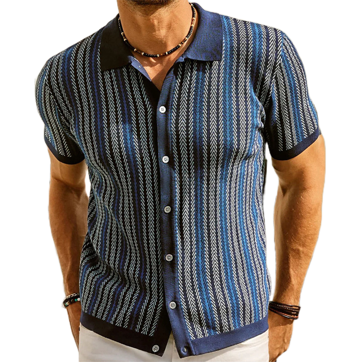 Men's Knit Herringbone Stripe Short Sleeve Shirt with Button-Front Closure and Spread Collar