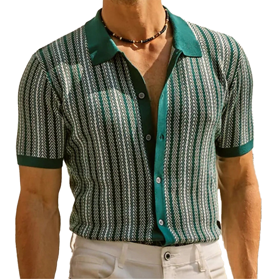 Men's Knit Herringbone Stripe Short Sleeve Shirt with Button-Front Closure and Spread Collar