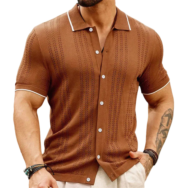 Men's Knit Openwork Short Sleeve Shirt with Button-Front Closure and Contrast-Tipped Spread Collar