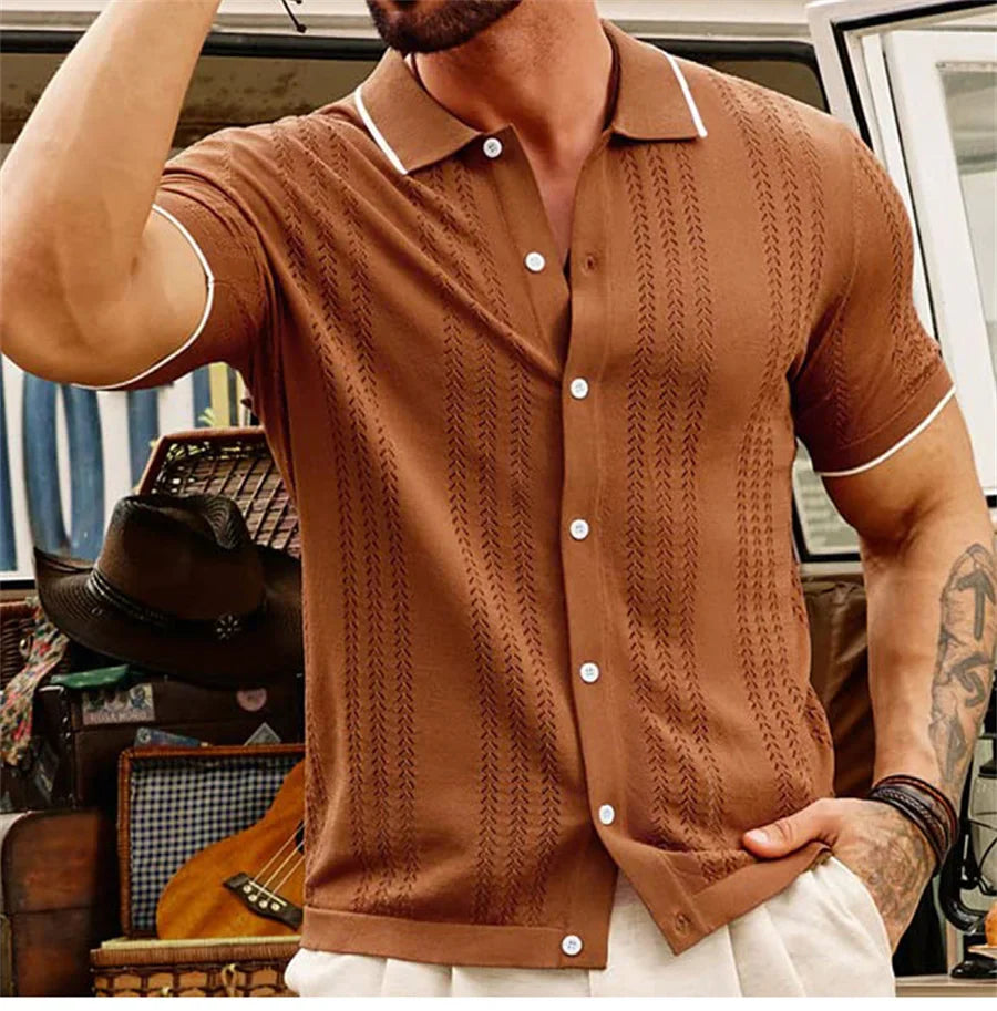 Men's Knit Openwork Short Sleeve Shirt with Button-Front Closure and Contrast-Tipped Spread Collar