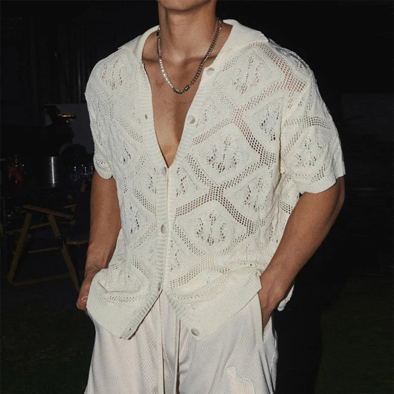 Men's Knit Openwork Short Sleeve Shirt with Button-Front Closure and Geometric Diamond Pattern