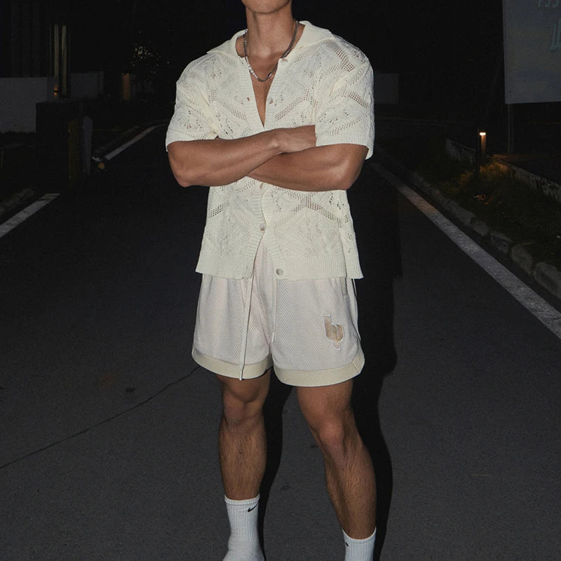 Men's Knit Openwork Short Sleeve Shirt with Button-Front Closure and Geometric Diamond Pattern