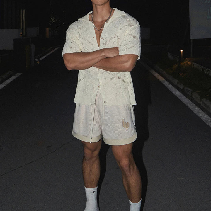 Men's Knit Openwork Short Sleeve Shirt with Button-Front Closure and Geometric Diamond Pattern