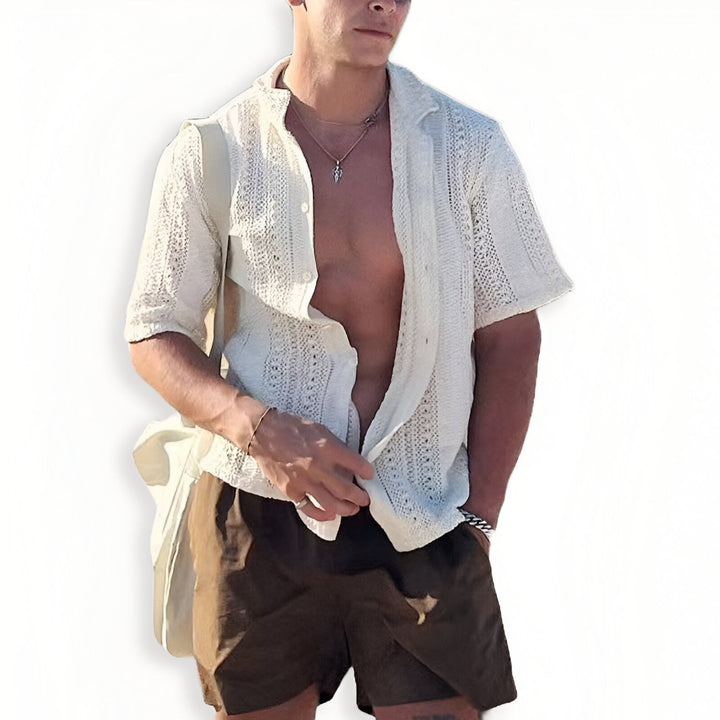 Men's Knit Openwork Short Sleeve Shirt with Button-Front Closure and Spread Collar