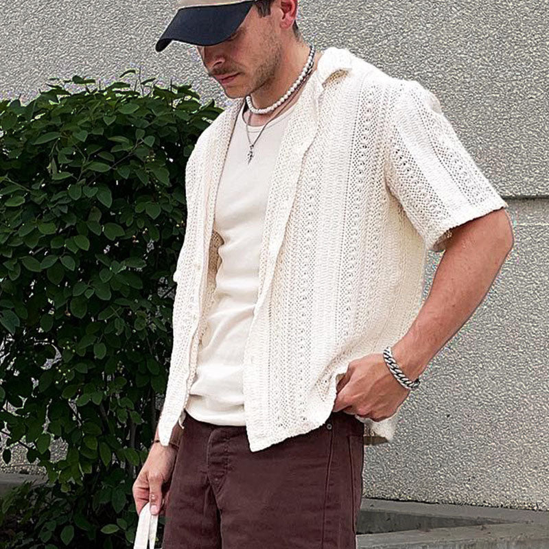 Men's Knit Openwork Short Sleeve Shirt with Button-Front Closure and Spread Collar