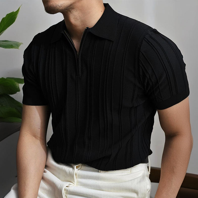 Men's Knit Vertical Textured Stripe Short Sleeve Polo Shirt with Quarter-Zip Closure and Spread Collar