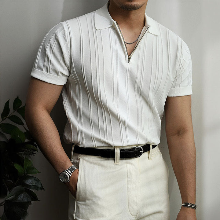 Men's Knit Vertical Textured Stripe Short Sleeve Polo Shirt with Quarter-Zip Closure and Spread Collar