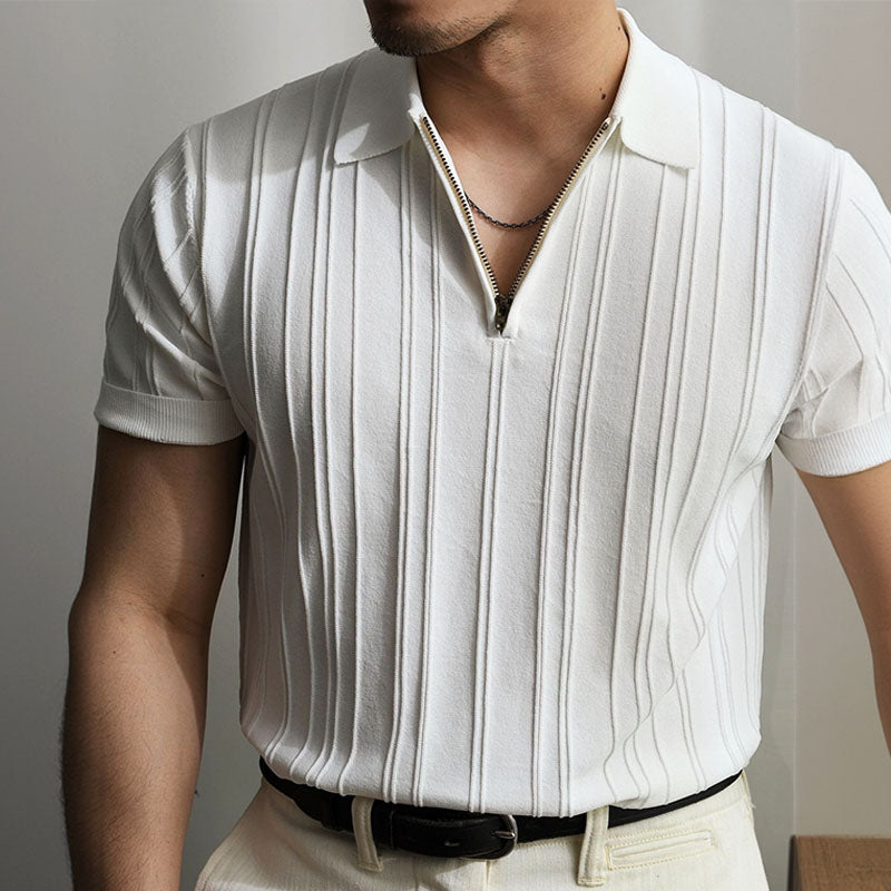 Men's Knit Vertical Textured Stripe Short Sleeve Polo Shirt with Quarter-Zip Closure and Spread Collar