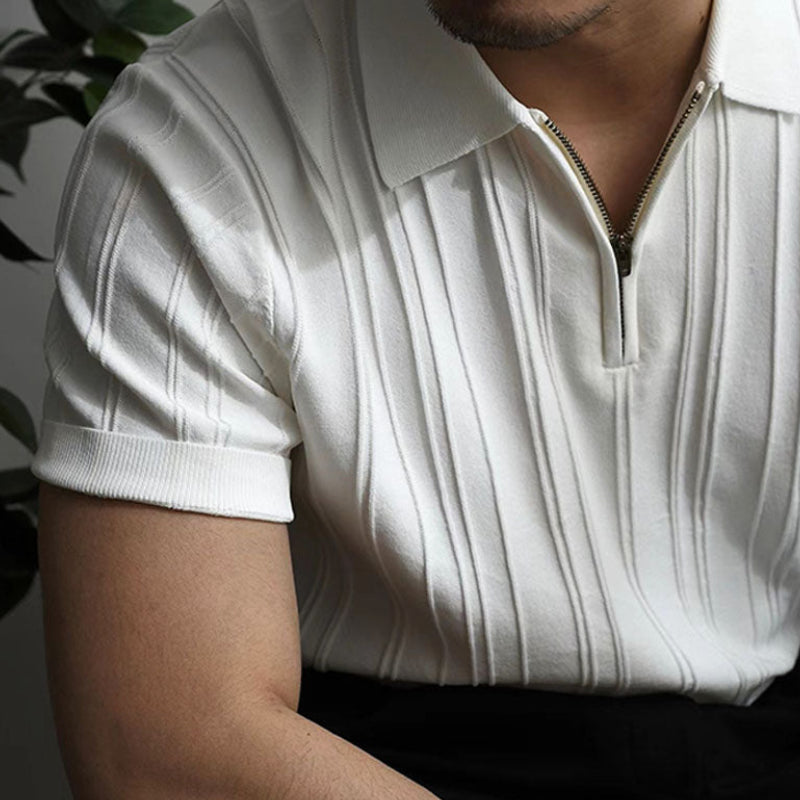 Men's Knit Vertical Textured Stripe Short Sleeve Polo Shirt with Quarter-Zip Closure and Spread Collar