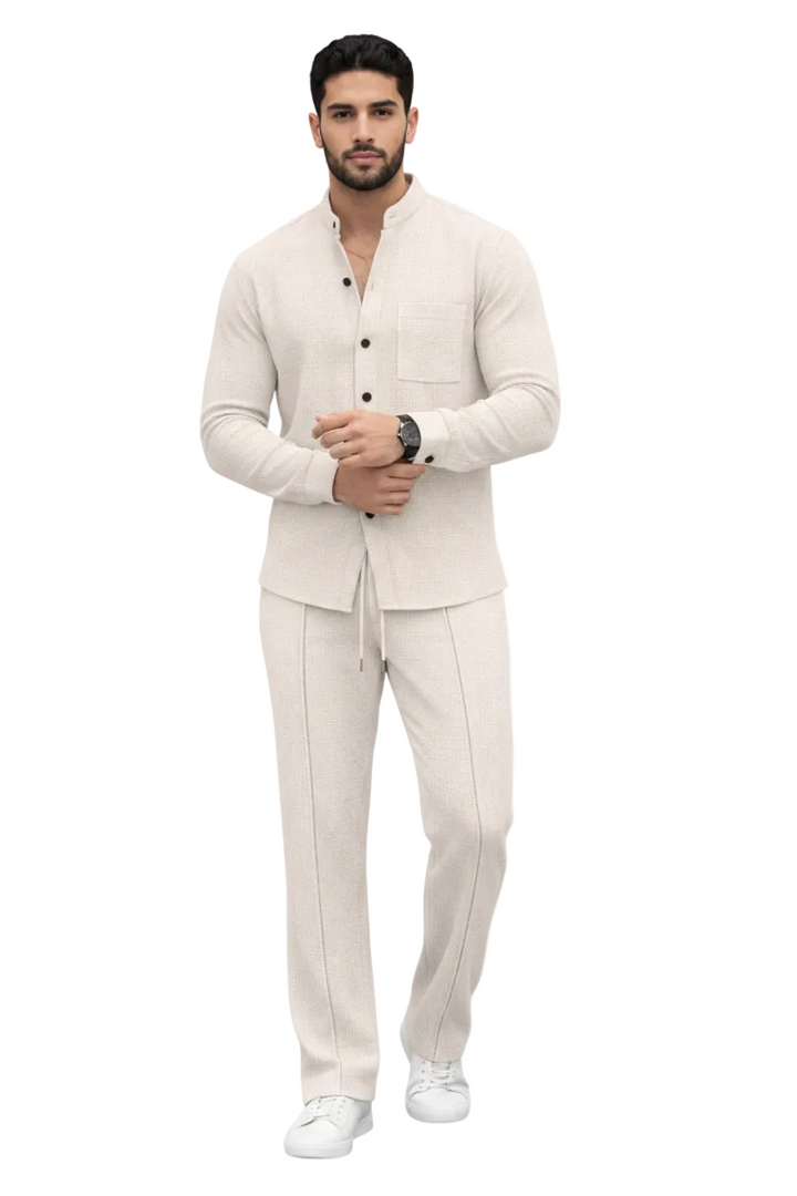 Men's Long Sleeve Button-Front Shirt and Straight Leg Trousers Set with Stand Collar and Chest Pocket