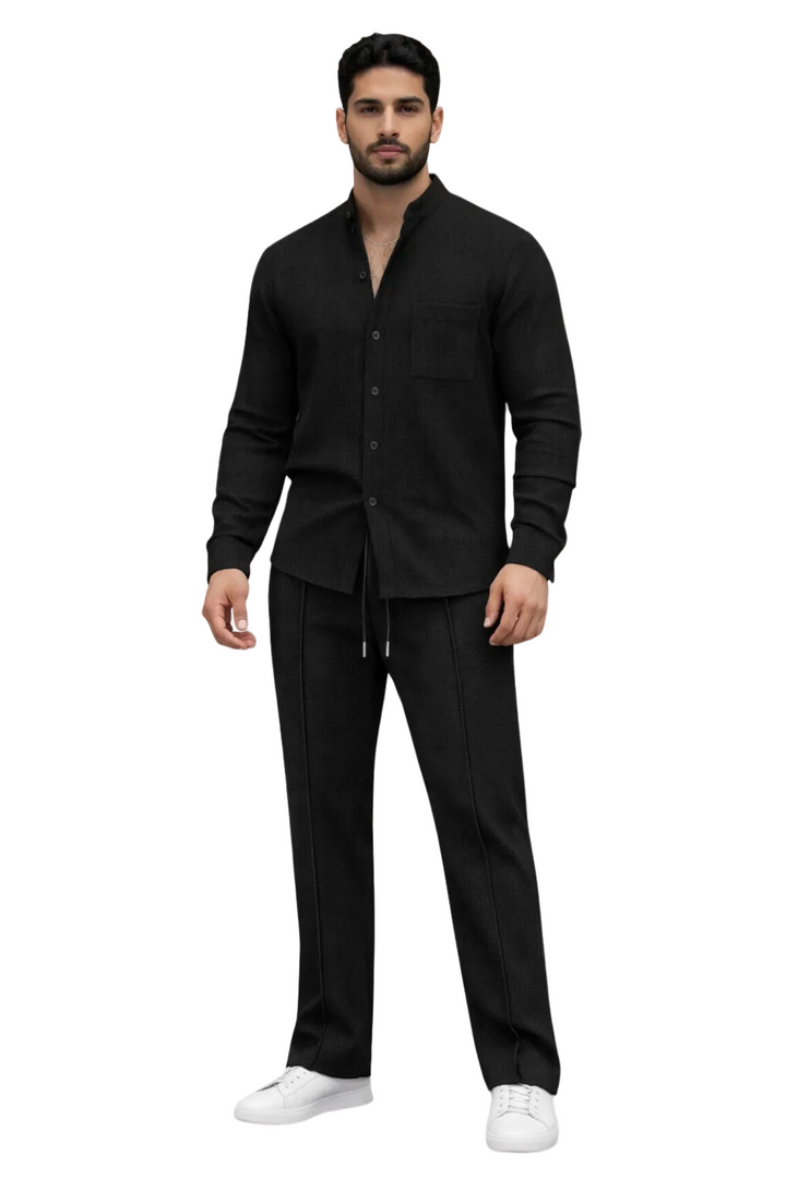 Men's Long Sleeve Button-Front Shirt and Straight Leg Trousers Set with Stand Collar and Chest Pocket