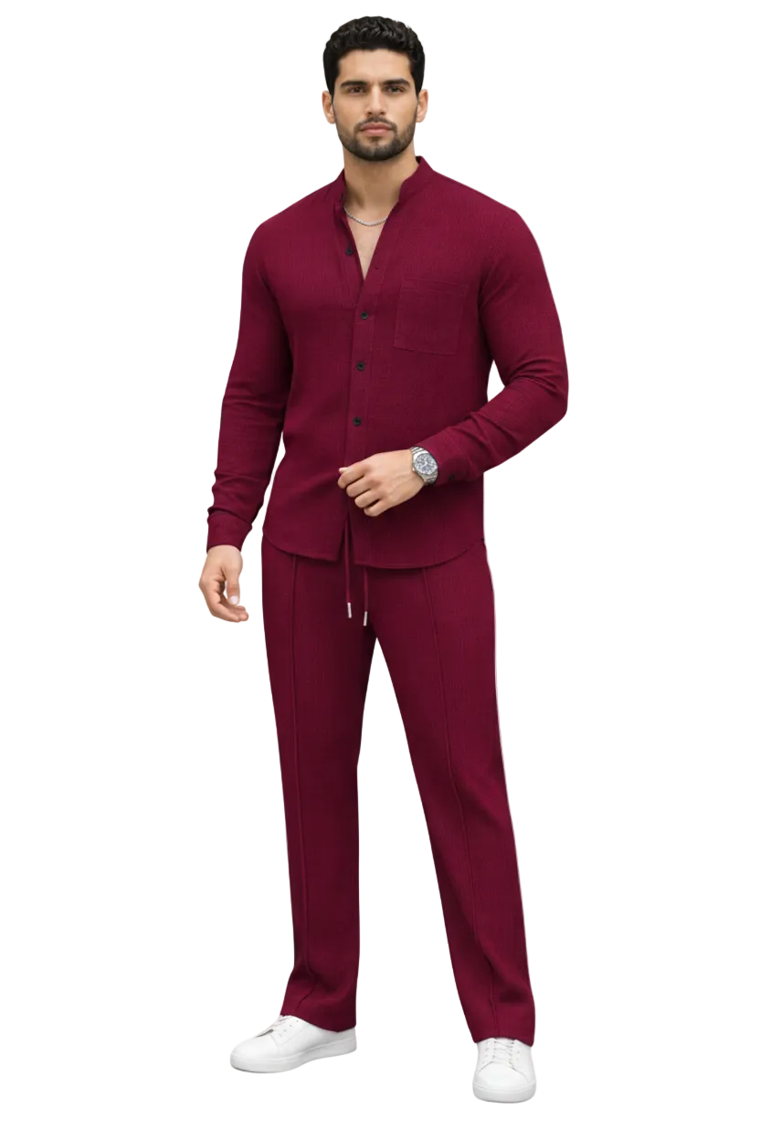 Men's Long Sleeve Button-Front Shirt and Straight Leg Trousers Set with Stand Collar and Chest Pocket