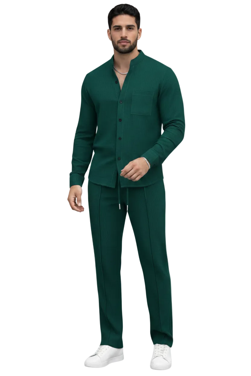 Men's Long Sleeve Button-Front Shirt and Straight Leg Trousers Set with Stand Collar and Chest Pocket