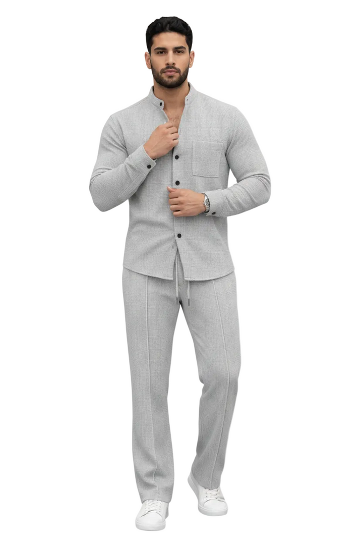 Men's Long Sleeve Button-Front Shirt and Straight Leg Trousers Set with Stand Collar and Chest Pocket