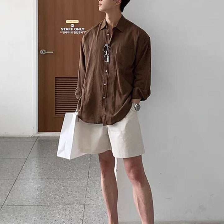 Men's Long Sleeve Button-Front Shirt with Spread Collar and Chest Pocket
