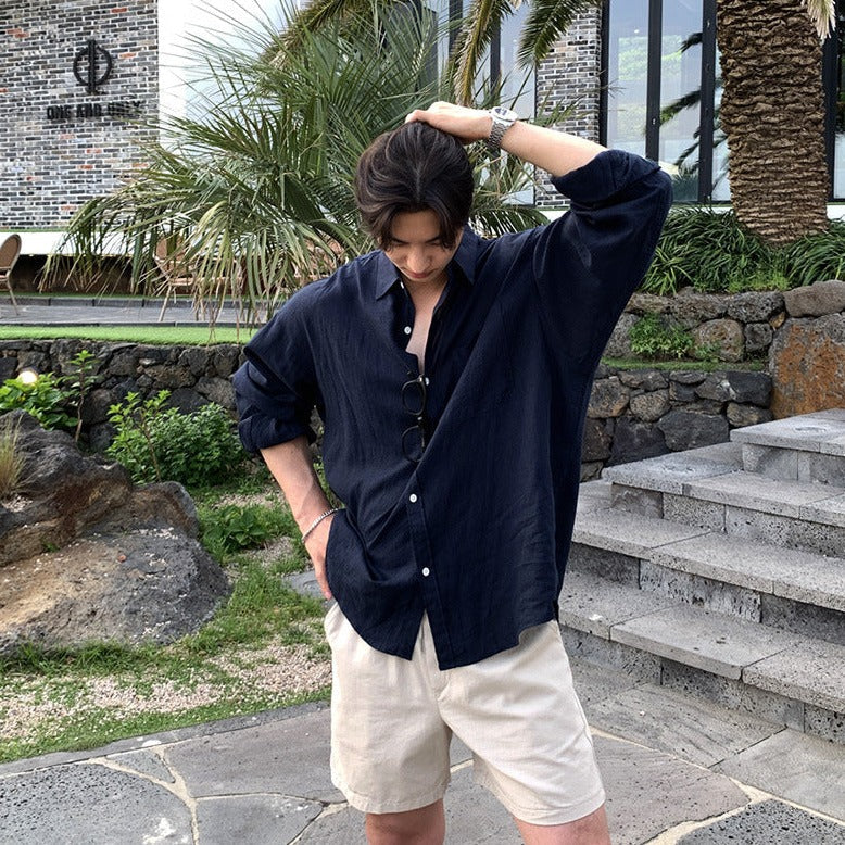 Men's Long Sleeve Button-Front Shirt with Spread Collar and Chest Pocket