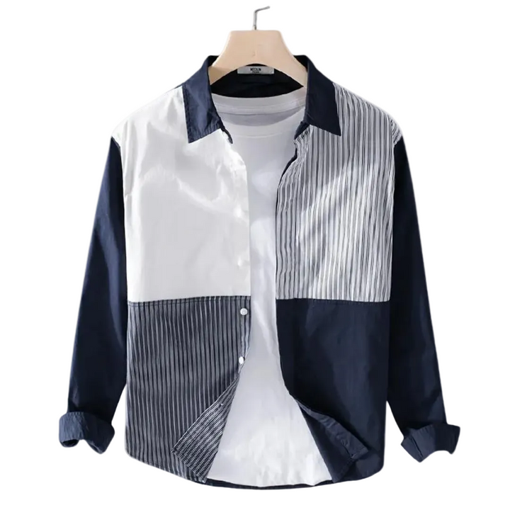 Men's Long Sleeve Colour Block Shirt with Spread Collar and Button-Front Placket