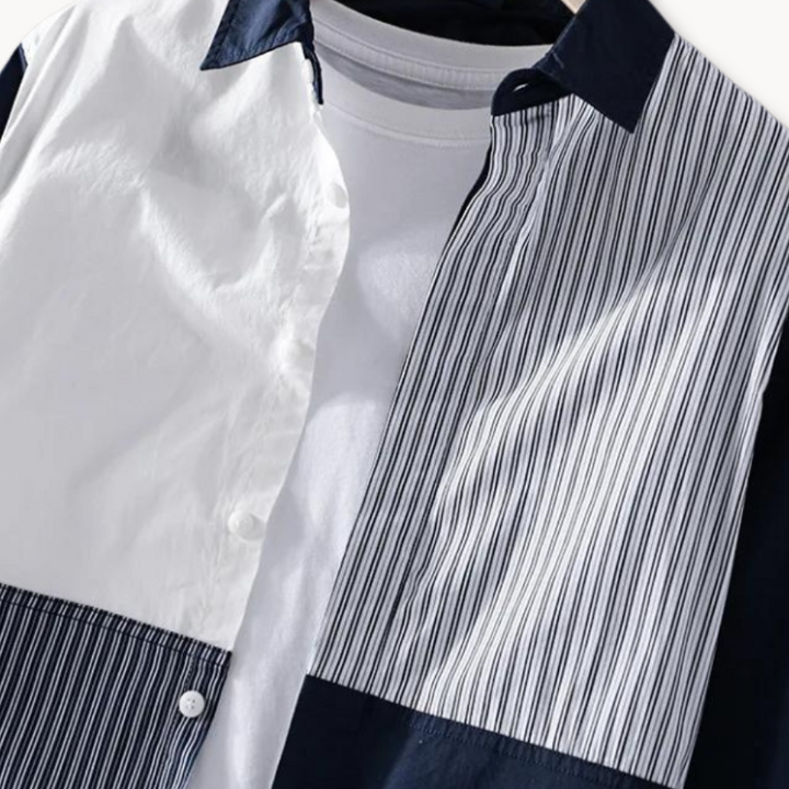 Men's Long Sleeve Colour Block Shirt with Spread Collar and Button-Front Placket