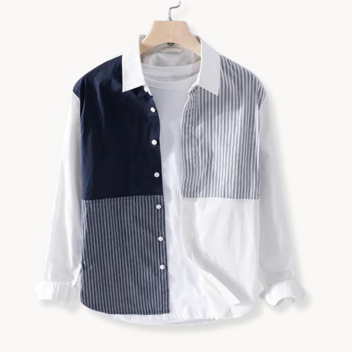 Men's Long Sleeve Colour Block Shirt with Spread Collar and Button-Front Placket