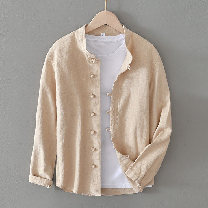Men's Long Sleeve Shirt with Frog Button Closure and Mandarin Collar