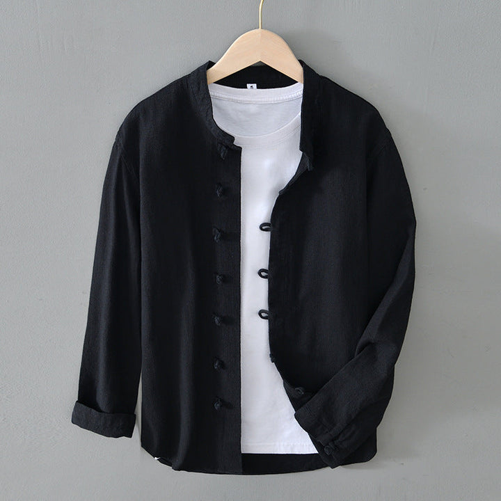 Men's Long Sleeve Shirt with Frog Button Closure and Mandarin Collar