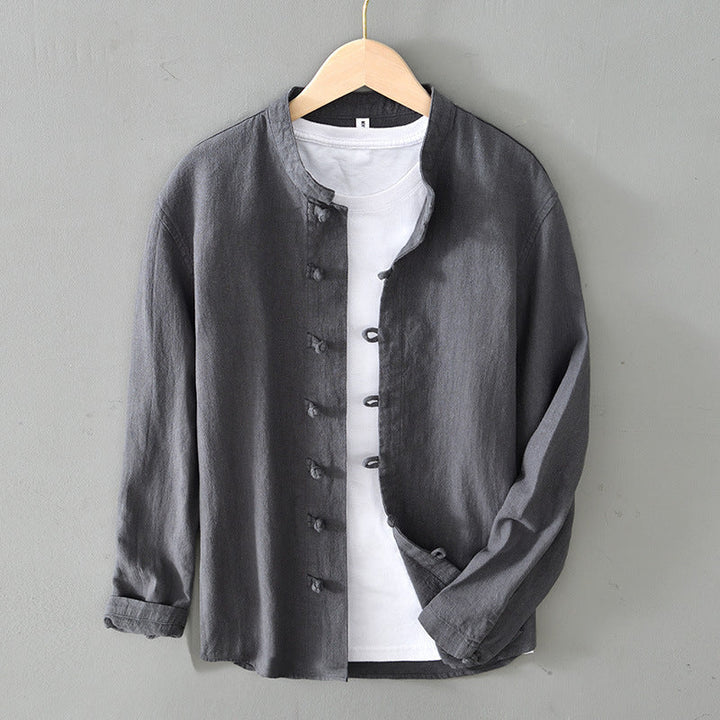 Men's Long Sleeve Shirt with Frog Button Closure and Mandarin Collar