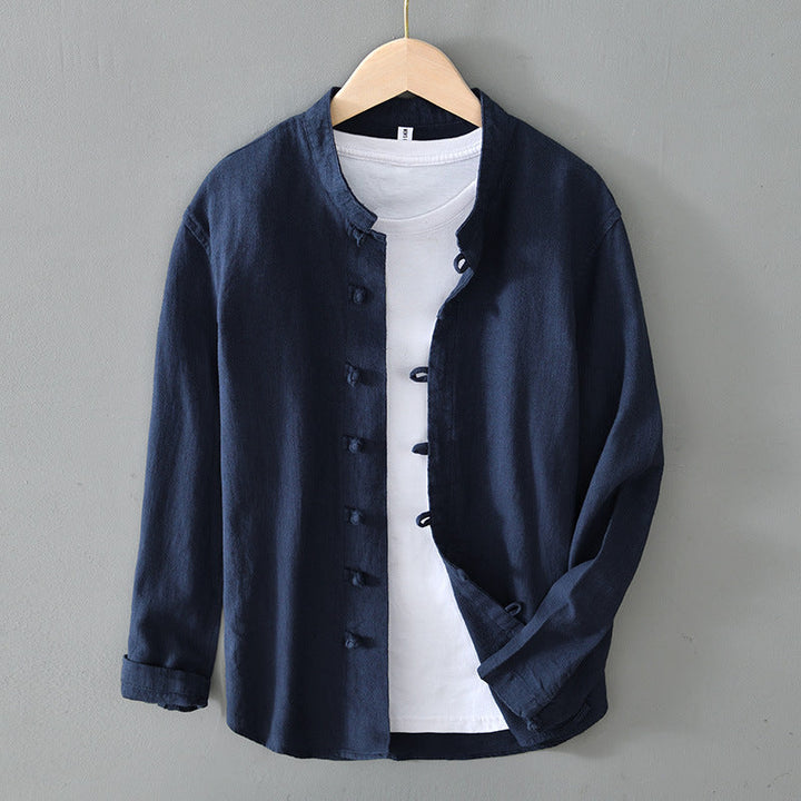 Men's Long Sleeve Shirt with Frog Button Closure and Mandarin Collar