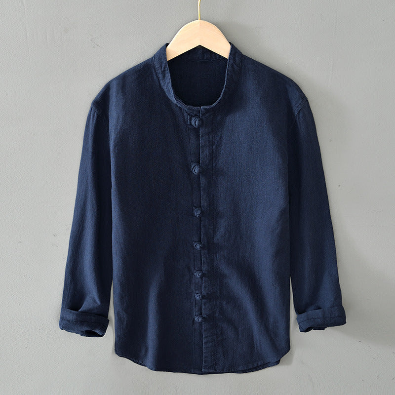Men's Long Sleeve Shirt with Frog Button Closure and Mandarin Collar