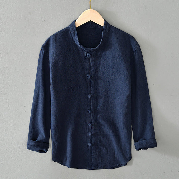 Men's Long Sleeve Shirt with Frog Button Closure and Mandarin Collar