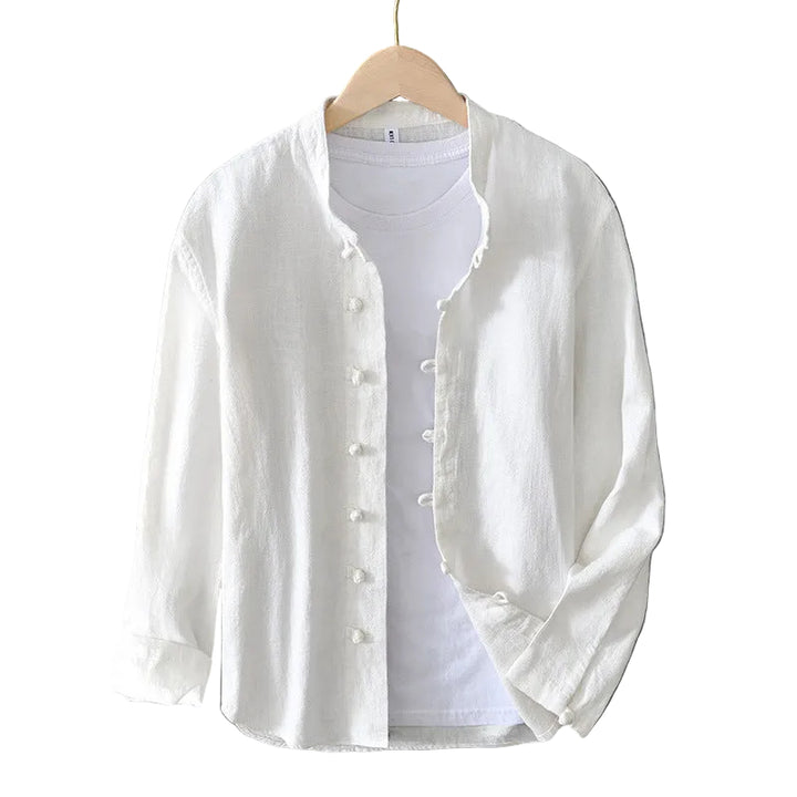 Men's Long Sleeve Shirt with Frog Button Closure and Mandarin Collar